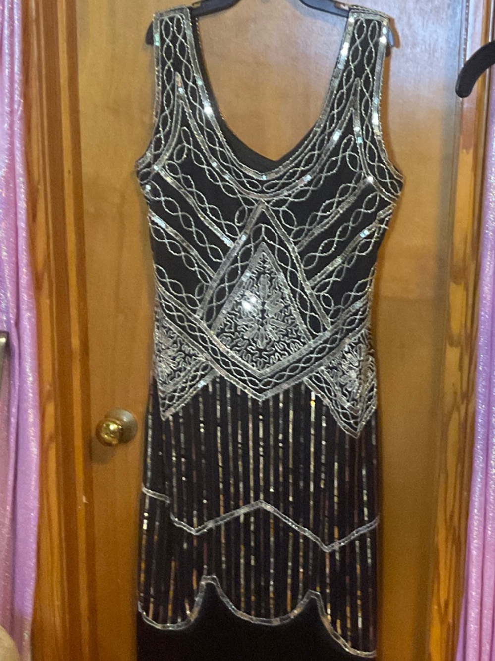 01 - Black Beaded Fringe Midi Dress with Silver Sequin Detail